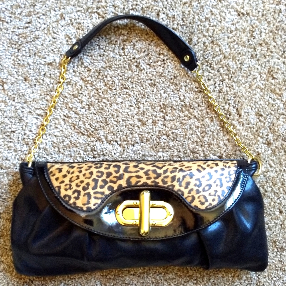 Leopard black patent vegan leather clutch